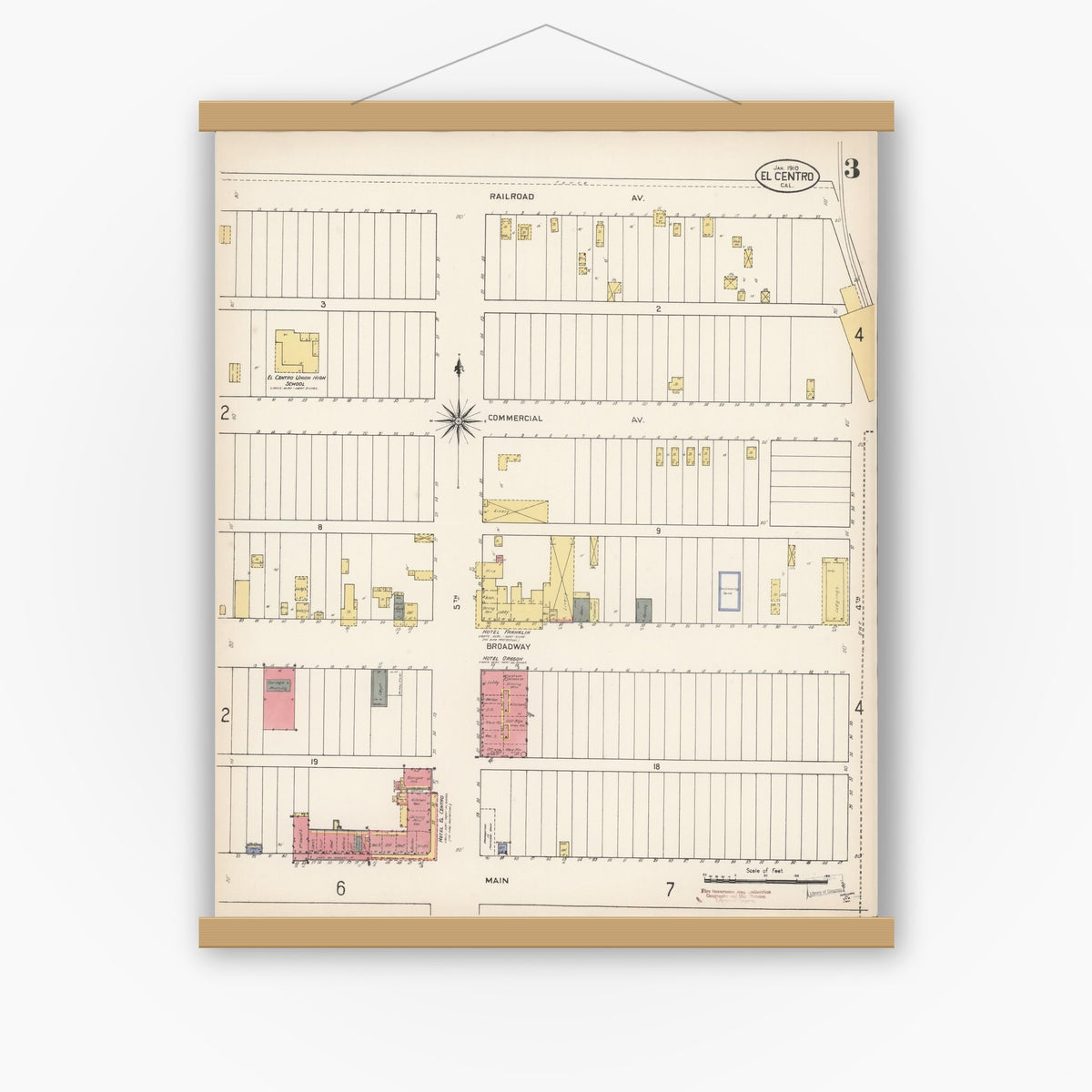 Old map wall art mockup — magnetic wood frame on white wall — Sanborn Fire Insurance Map from El Centro, Imperial County, California (1910), Sheet #0003