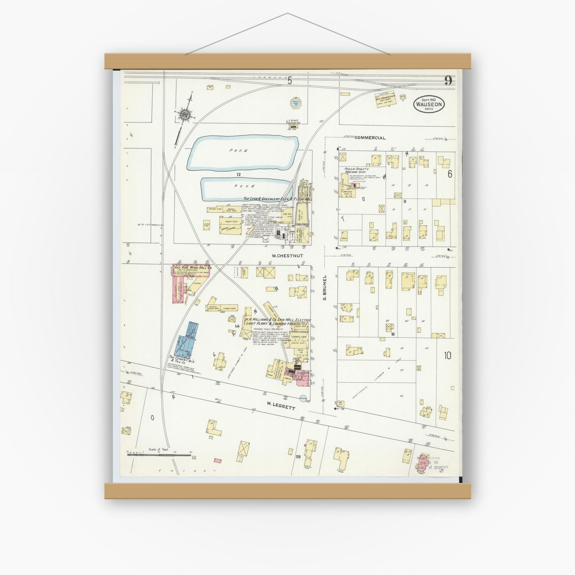 Old map wall art mockup — magnetic wood frame on white wall — Sanborn Fire Insurance Map from Wauseon, Fulton County, Ohio (1910), Sheet #0009