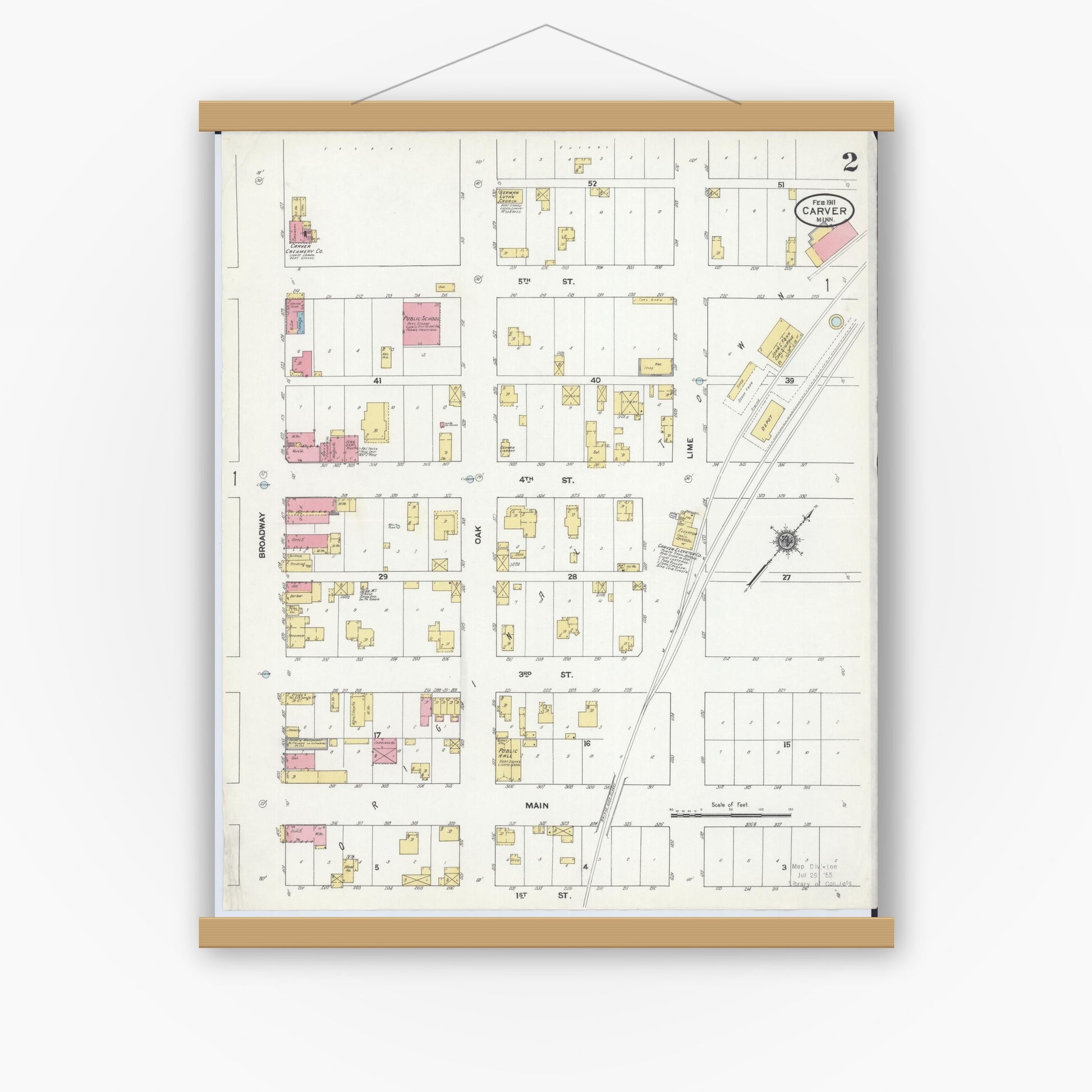 Old map wall art mockup — magnetic wood frame on white wall — Sanborn Fire Insurance Map from Carver, Carver County, Minnesota (1911), Sheet #0002
