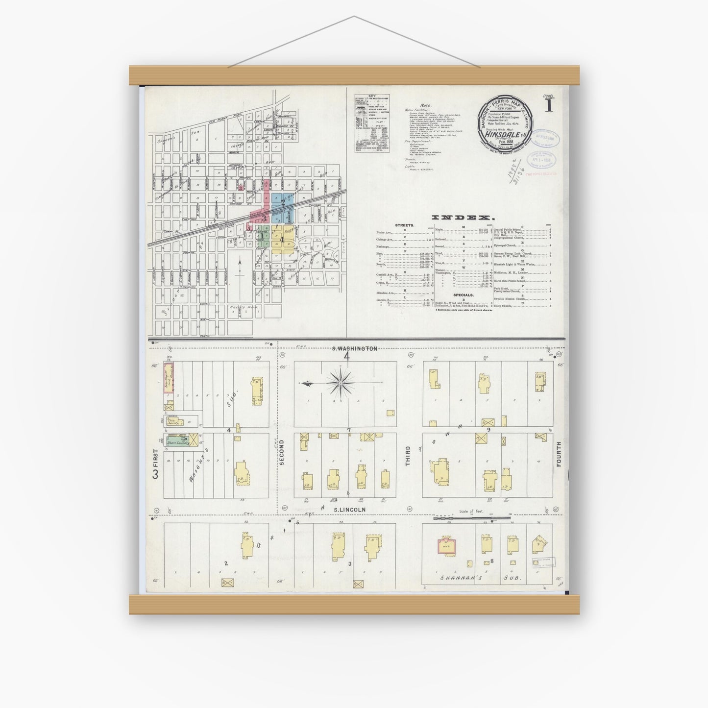 Old map wall art mockup — magnetic wood frame on white wall — Sanborn Fire Insurance Map from Hinsdale, Du Page And Cook Counties, Illinois (1898) - Complete Map Set