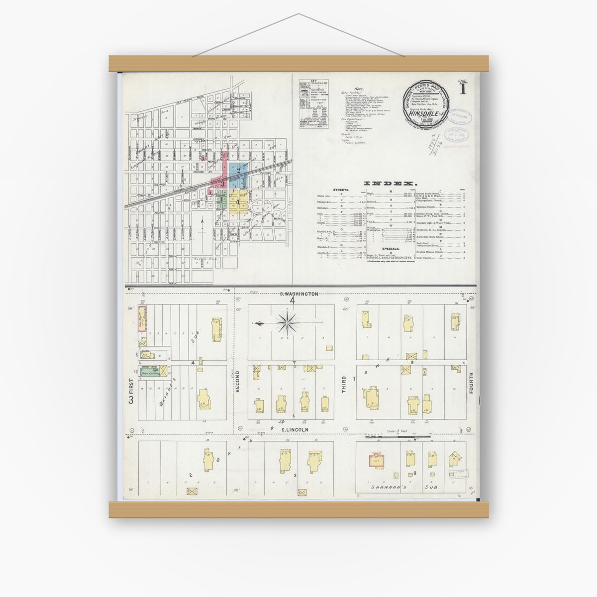 Old map wall art mockup — magnetic wood frame on white wall — Sanborn Fire Insurance Map from Hinsdale, Du Page And Cook Counties, Illinois (1898) - Complete Map Set