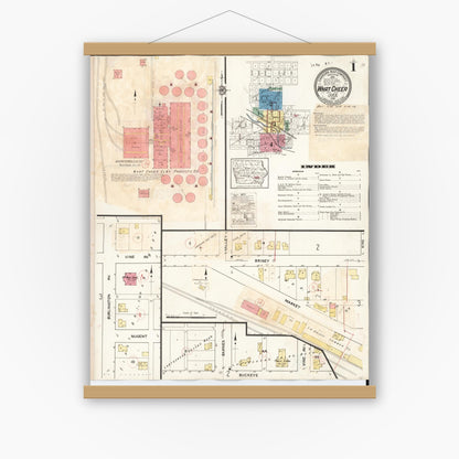 Old map wall art mockup — magnetic wood frame on white wall — Sanborn Fire Insurance Map from What Cheer, Keokuk County, Iowa (1933), Sheet #0001