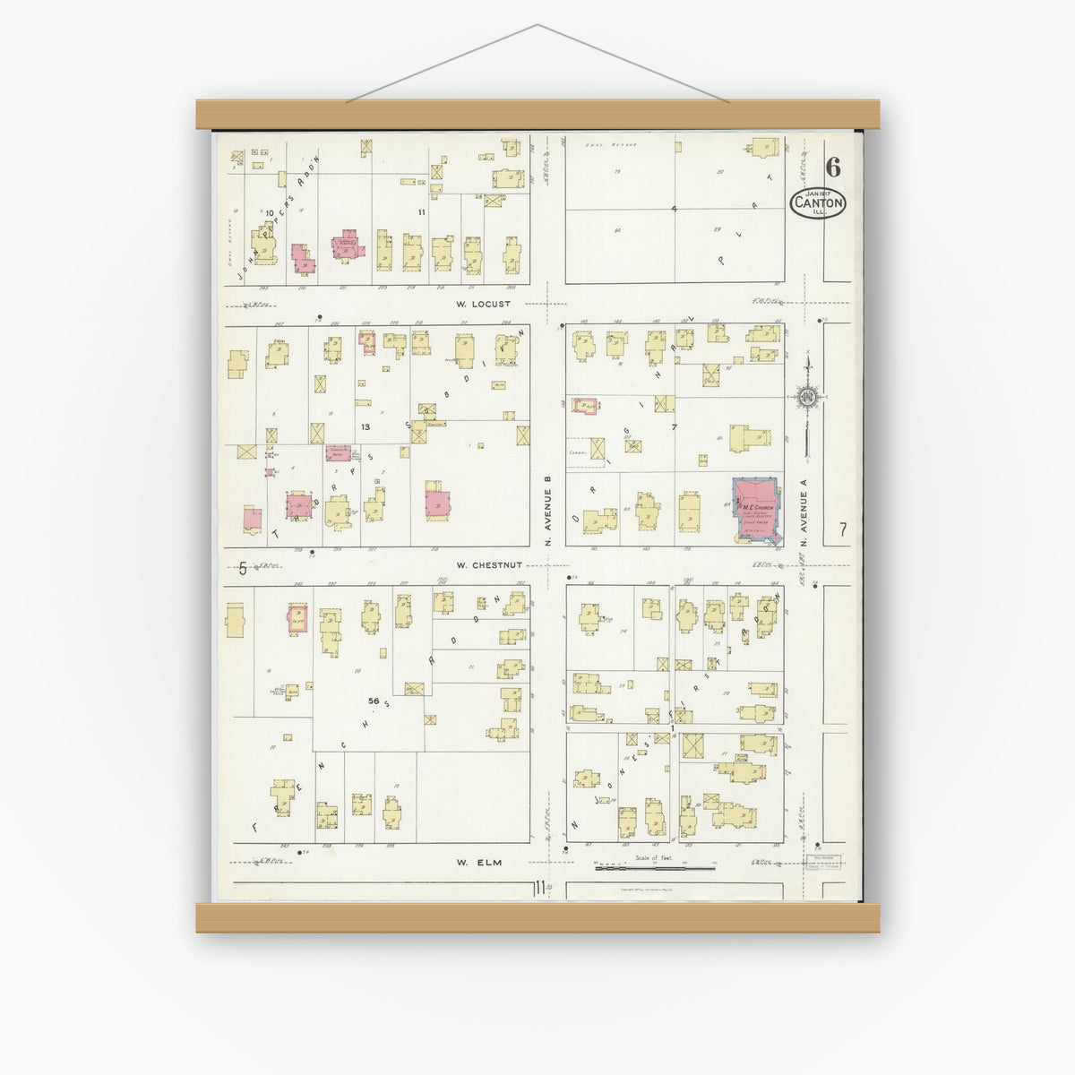 Old map wall art mockup — magnetic wood frame on white wall — Sanborn Fire Insurance Map from Canton, Fulton County, Illinois (1917), Sheet #0006