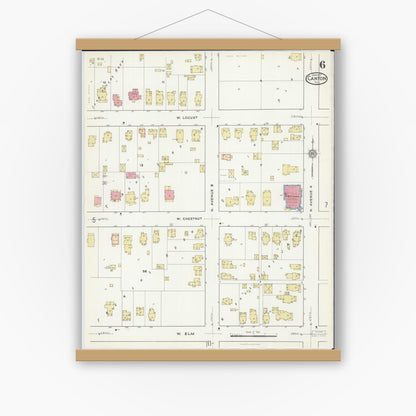 Old map wall art mockup — magnetic wood frame on white wall — Sanborn Fire Insurance Map from Canton, Fulton County, Illinois (1917), Sheet #0006