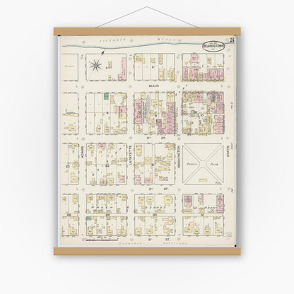Old map wall art mockup — magnetic wood frame on white wall — Sanborn Fire Insurance Map from Beardstown, Cass County, Illinois (1887), Sheet #0003