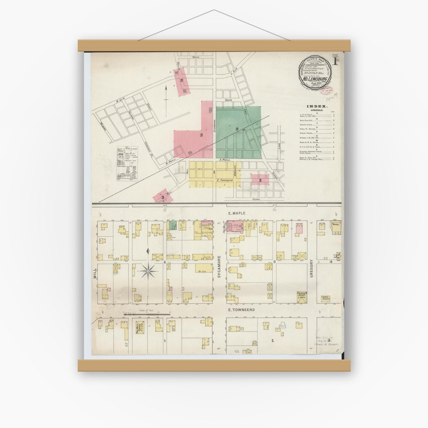 Old map wall art mockup — magnetic wood frame on white wall — Sanborn Fire Insurance Map from North Lewisburg, Champaign County, Ohio (1895) - Complete Map Set