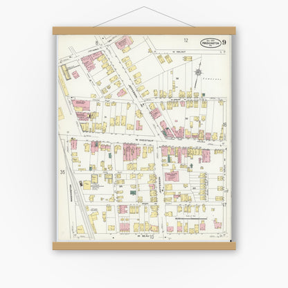Old map wall art mockup — magnetic wood frame on white wall — Sanborn Fire Insurance Map from Washington, Washington County, Pennsylvania (1909), Sheet #0009