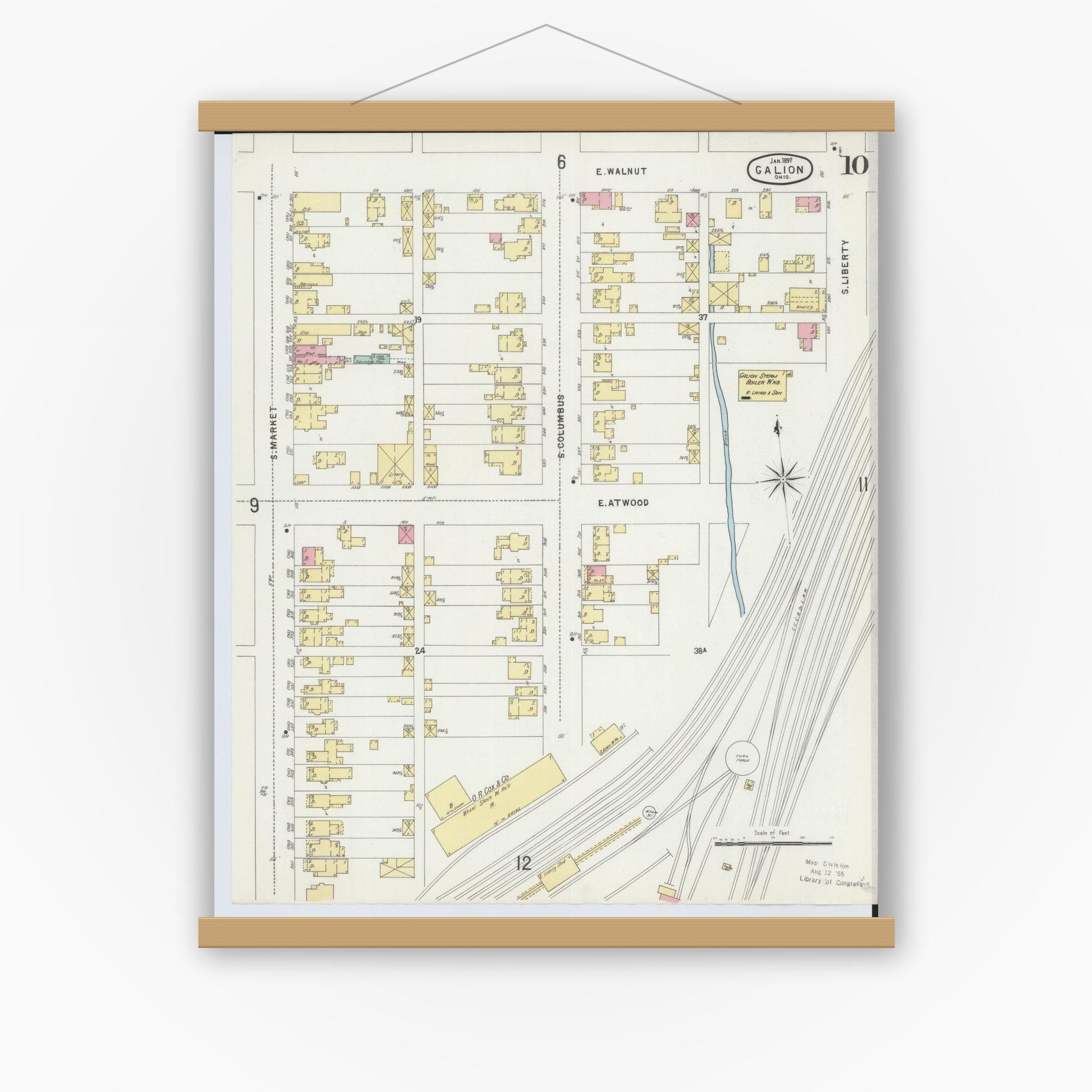 Old map wall art mockup — magnetic wood frame on white wall — Sanborn Fire Insurance Map from Galion, Crawford County, Ohio (1897), Sheet #0010