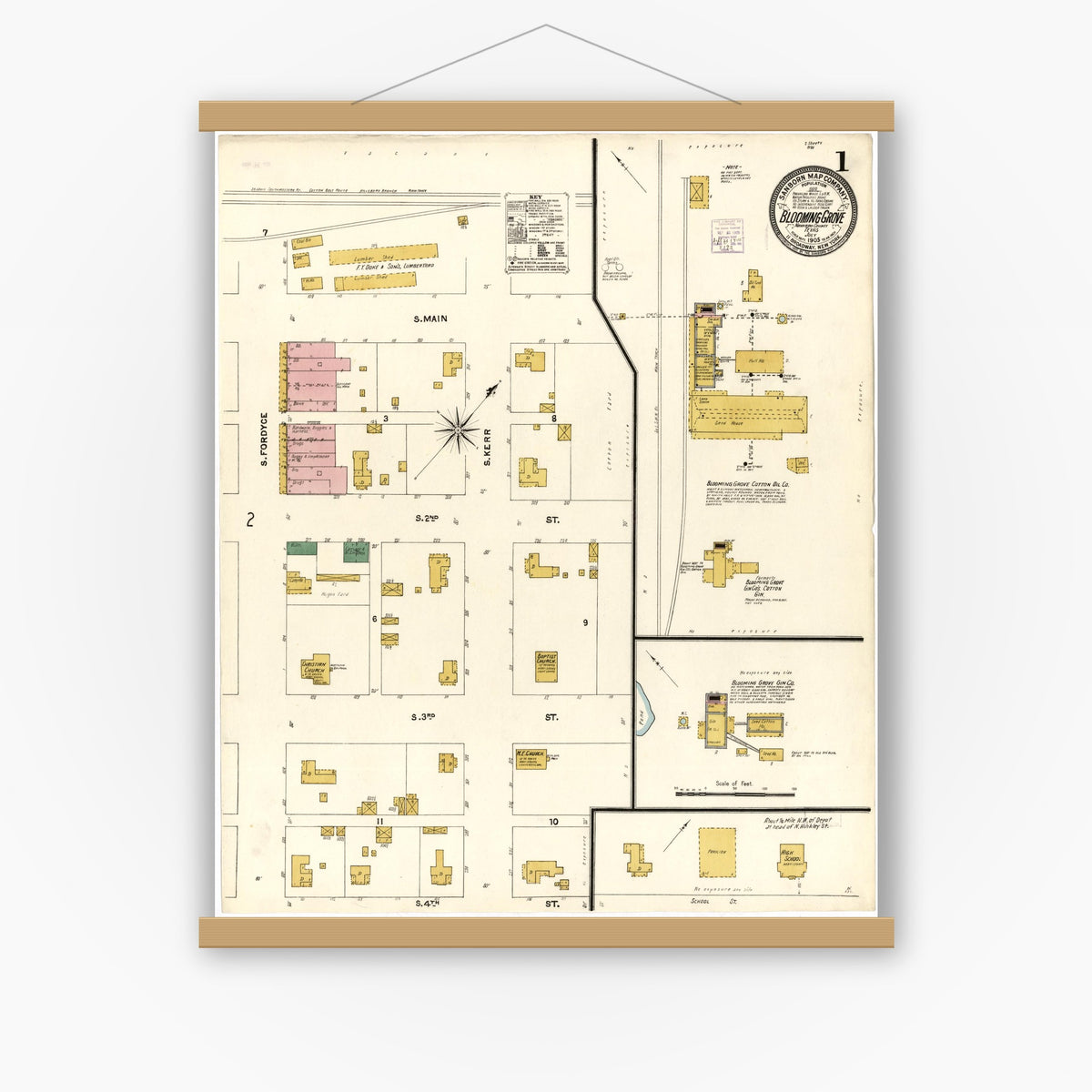 Old map wall art mockup — magnetic wood frame on white wall — Sanborn Fire Insurance Map from Blooming Grove, Navarro County, Texas (1905), Sheet #0001