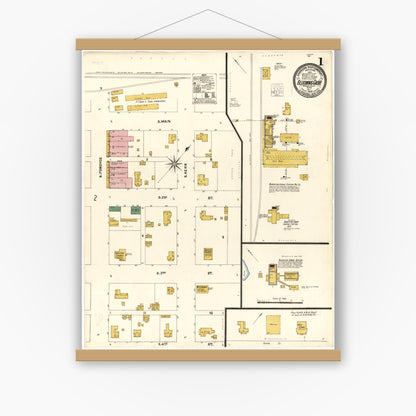 Old map wall art mockup — magnetic wood frame on white wall — Sanborn Fire Insurance Map from Blooming Grove, Navarro County, Texas (1905), Sheet #0001