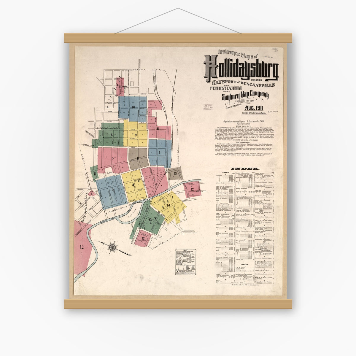 Old map wall art mockup — magnetic wood frame on white wall — Sanborn Fire Insurance Map from Hollidaysburg, Blair County, Pennsylvania (1911), Sheet #0001