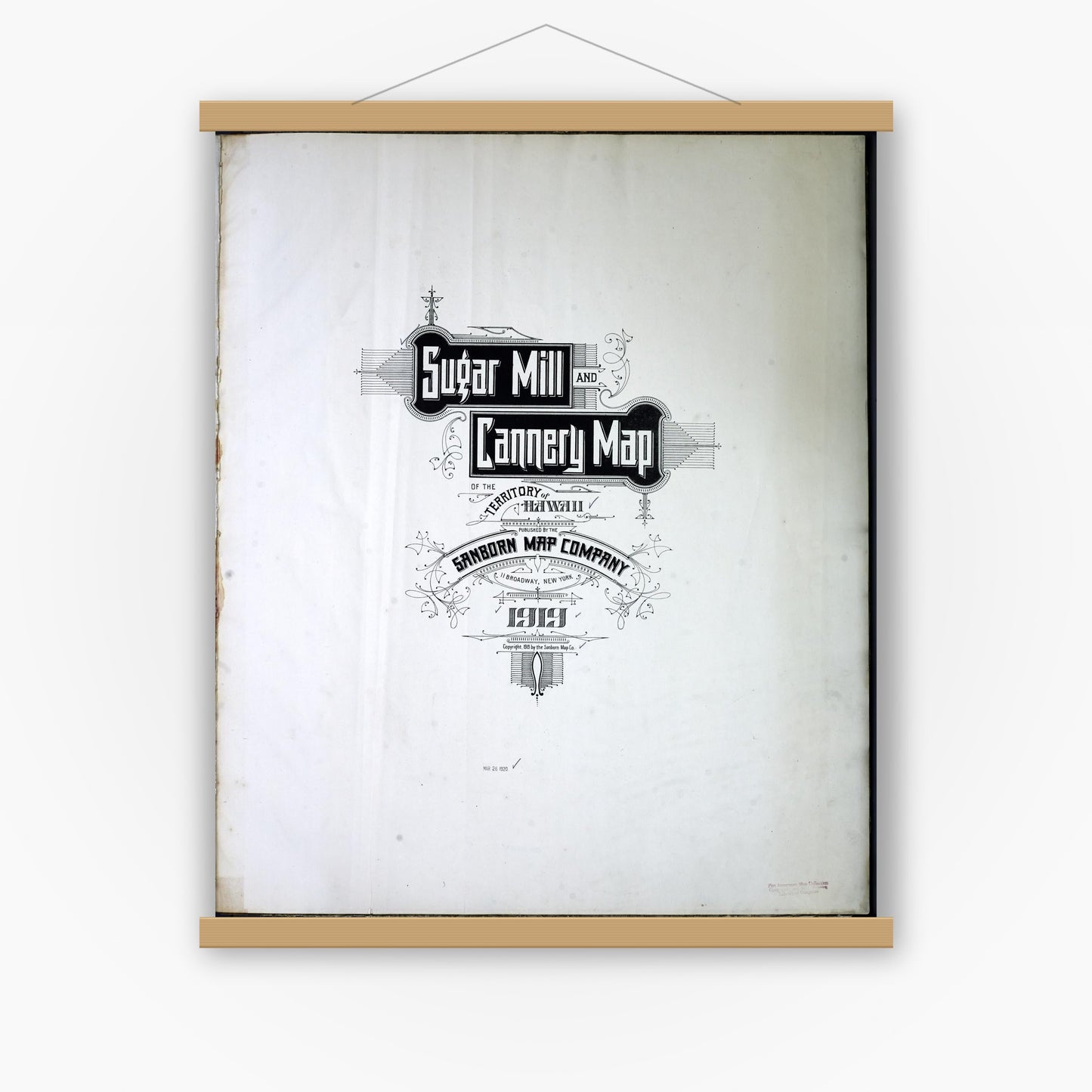 Old map wall art mockup — magnetic wood frame on white wall — Sanborn Fire Insurance Map from Sugar Mill and Cannery, Hawaii County, Hawaii (1919), Sheet #0001