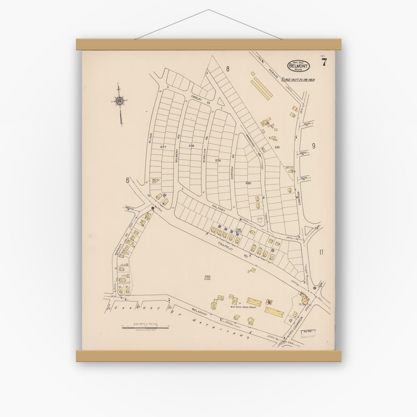 Old map wall art mockup — magnetic wood frame on white wall — Sanborn Fire Insurance Map from Belmont, Middlesex County, Massachusetts (1922), Sheet #0007