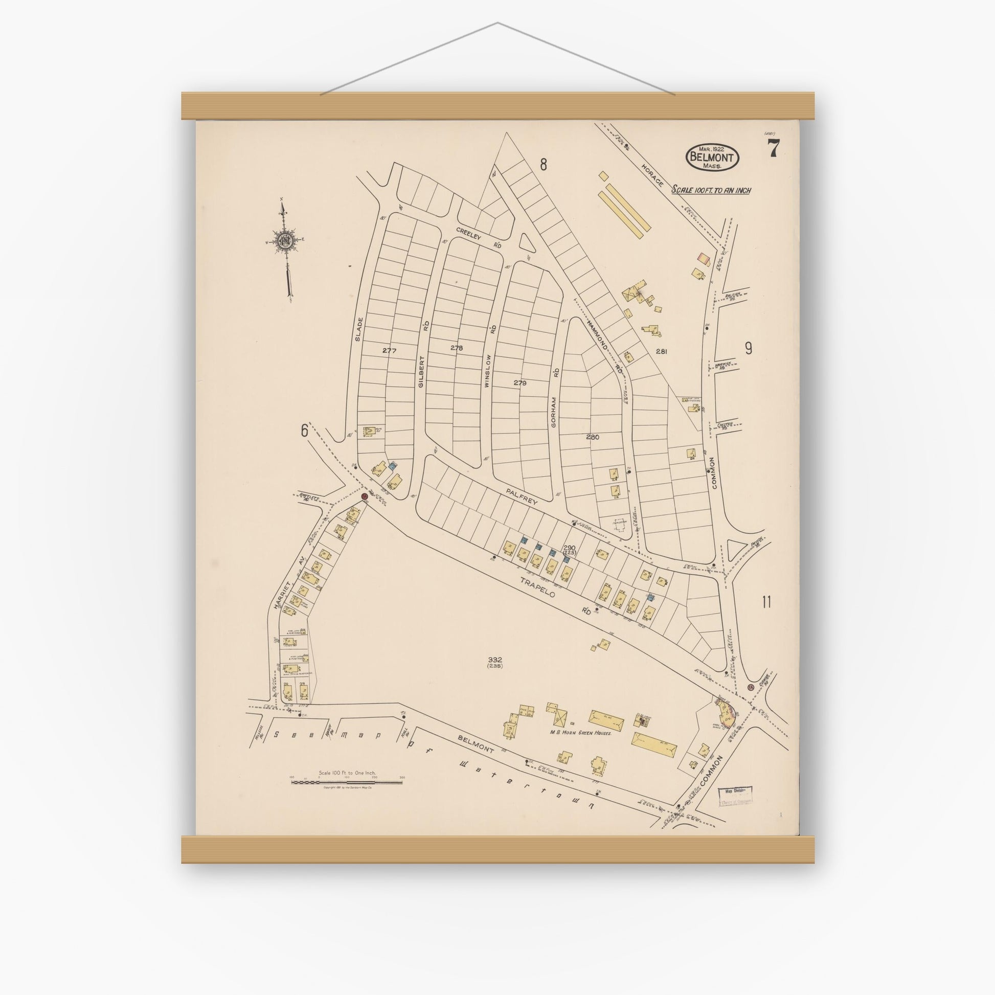 Old map wall art mockup — magnetic wood frame on white wall — Sanborn Fire Insurance Map from Belmont, Middlesex County, Massachusetts (1922), Sheet #0007