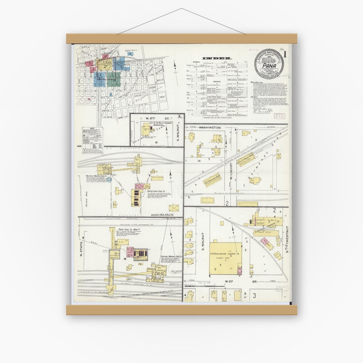 Old map wall art mockup — magnetic wood frame on white wall — Sanborn Fire Insurance Map from Pana, Christian County, Illinois (1909), Sheet #0001