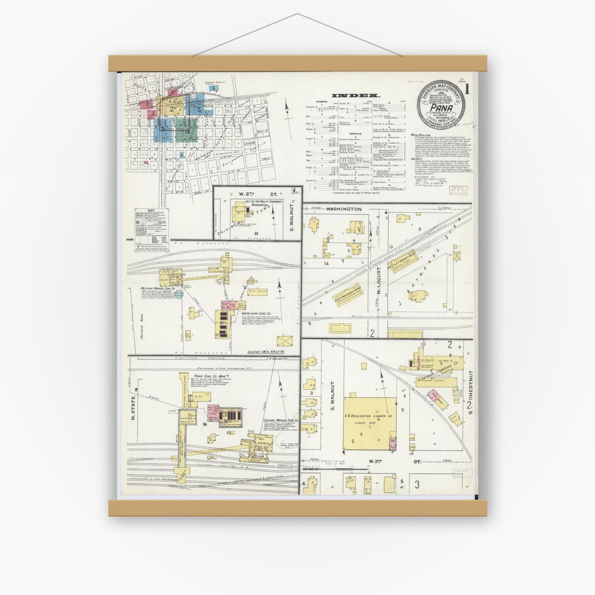 Old map wall art mockup — magnetic wood frame on white wall — Sanborn Fire Insurance Map from Pana, Christian County, Illinois (1909), Sheet #0001