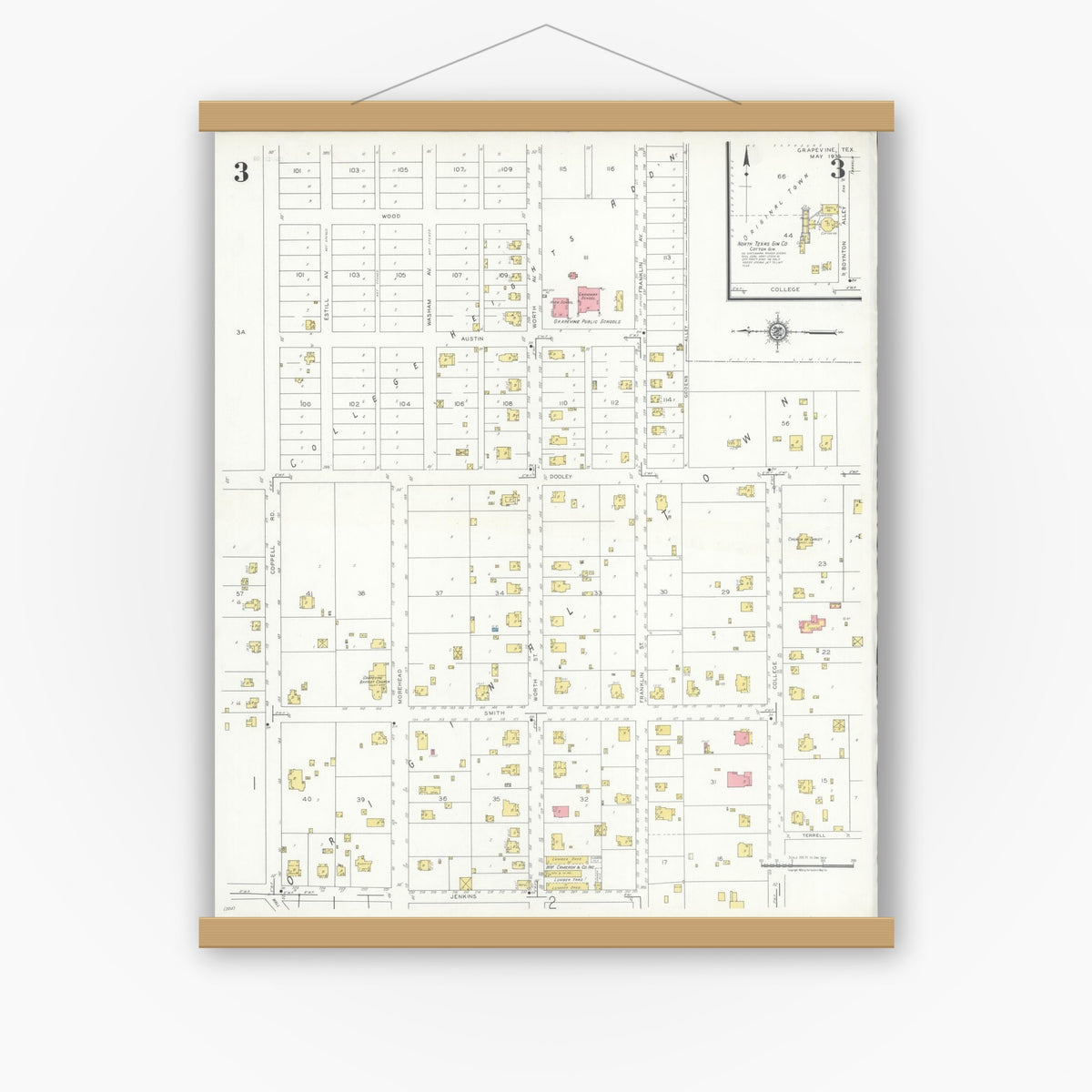 Old map wall art mockup — magnetic wood frame on white wall — Sanborn Fire Insurance Map from Grapevine, Tarrant County, Texas (1935), Sheet #0003
