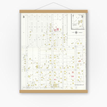 Old map wall art mockup — magnetic wood frame on white wall — Sanborn Fire Insurance Map from Grapevine, Tarrant County, Texas (1935), Sheet #0003