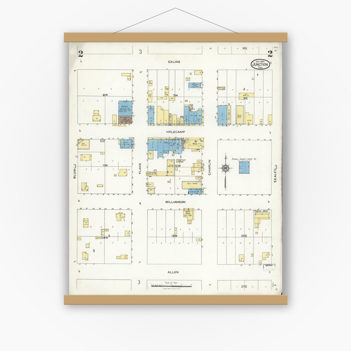 Old map wall art mockup — magnetic wood frame on white wall — Sanborn Fire Insurance Map from Junction, Kimble County, Texas (1926), Sheet #0002