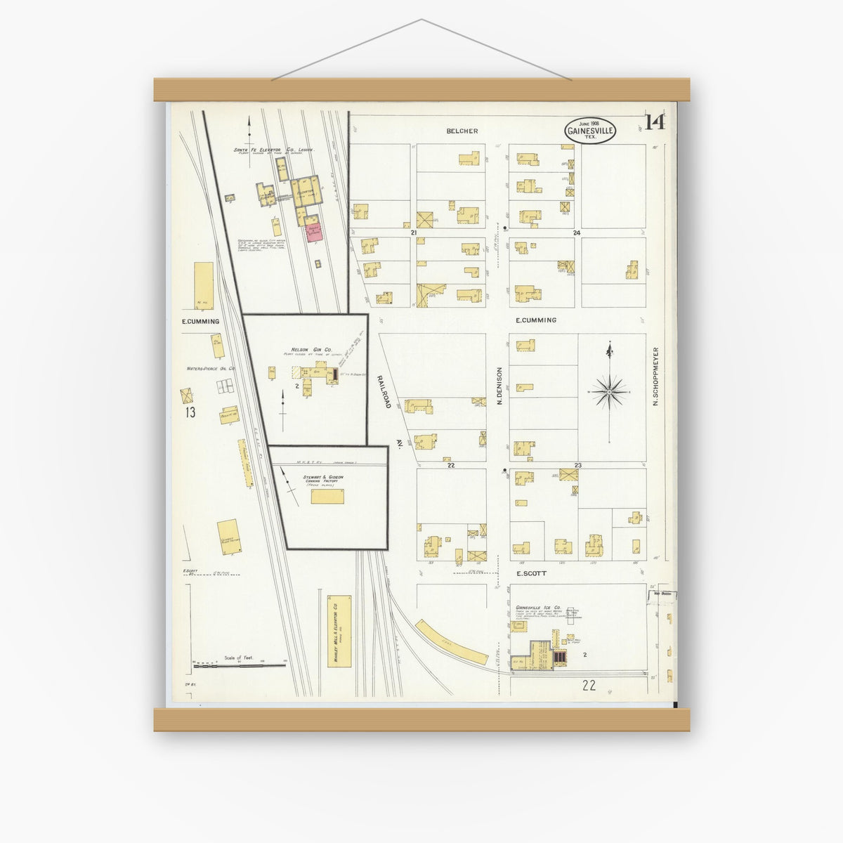 Old map wall art mockup — magnetic wood frame on white wall — Sanborn Fire Insurance Map from Gainesville, Cooke County, Texas (1908), Sheet #0014