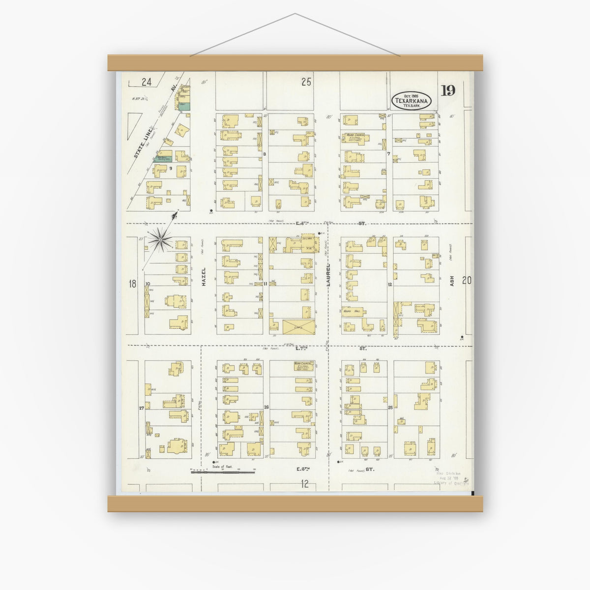 Old map wall art mockup — magnetic wood frame on white wall — Sanborn Fire Insurance Map from Texarkana, Bowie County, Texas (1905), Sheet #0019
