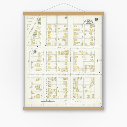 Old map wall art mockup — magnetic wood frame on white wall — Sanborn Fire Insurance Map from Texarkana, Bowie County, Texas (1905), Sheet #0019