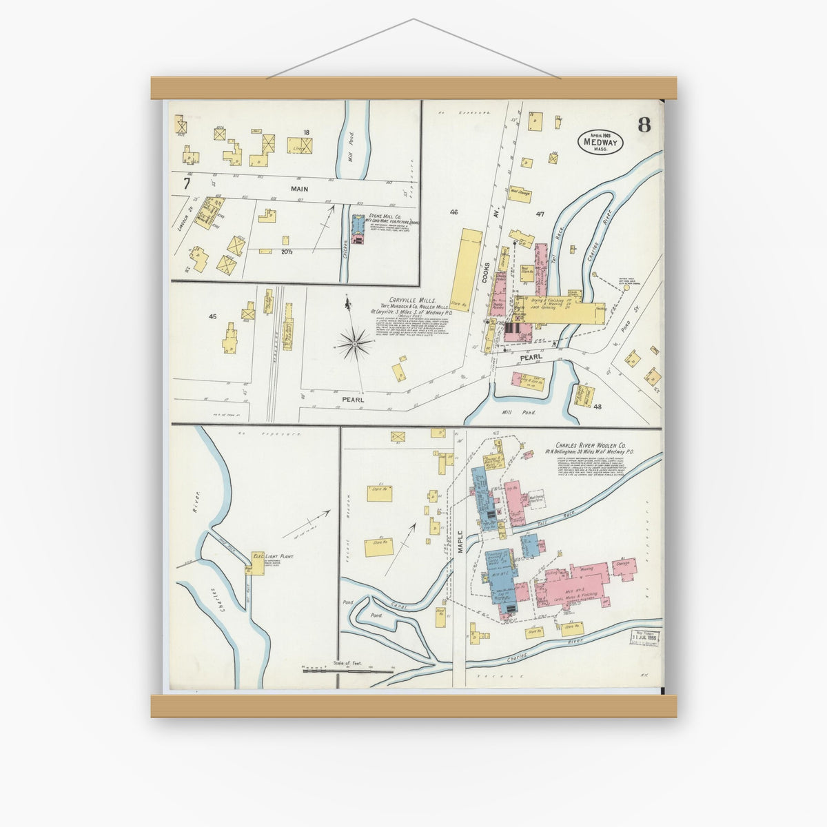 Old map wall art mockup — magnetic wood frame on white wall — Sanborn Fire Insurance Map from Medway, Norfolk County, Massachusetts (1903), Sheet #0008