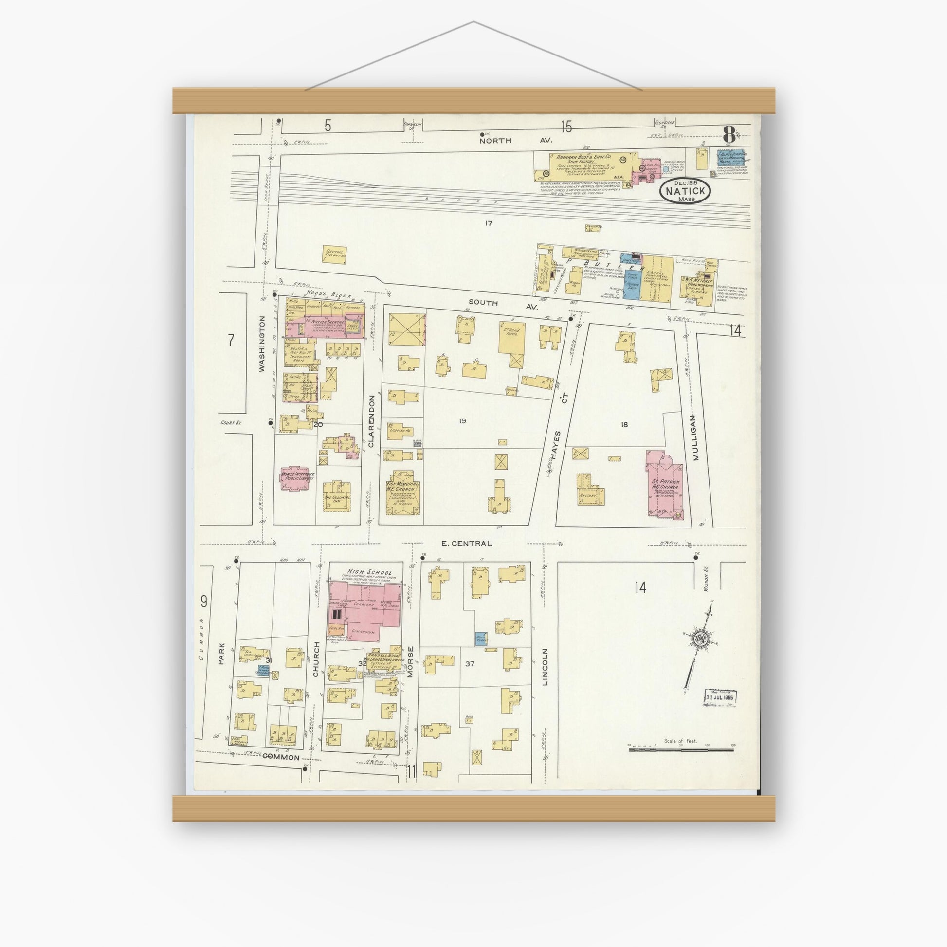 Old map wall art mockup — magnetic wood frame on white wall — Sanborn Fire Insurance Map from Natick, Middlesex County, Massachusetts (1915), Sheet #0008
