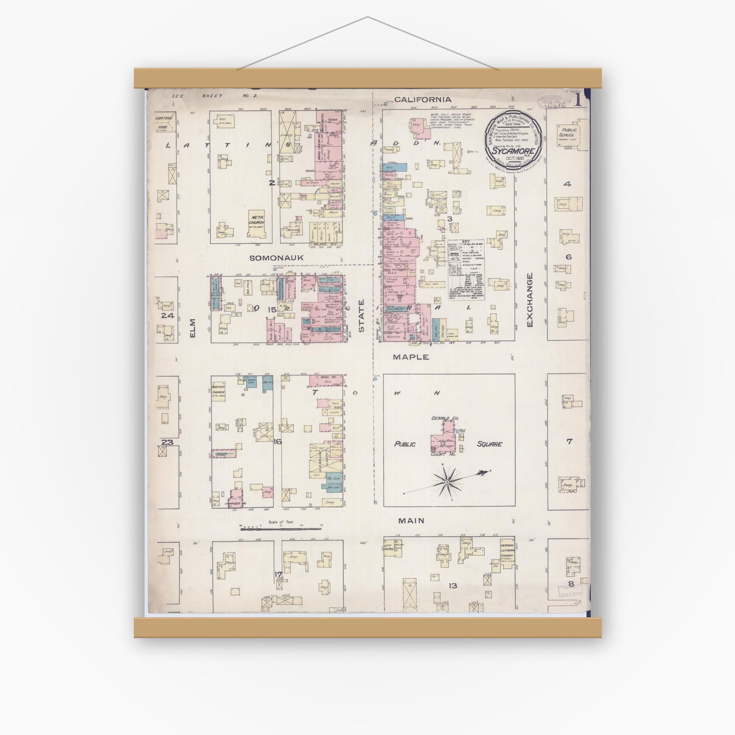 Old map wall art mockup — magnetic wood frame on white wall — Sanborn Fire Insurance Map from Sycamore, De Kalb County, Illinois (1885), Sheet #0001