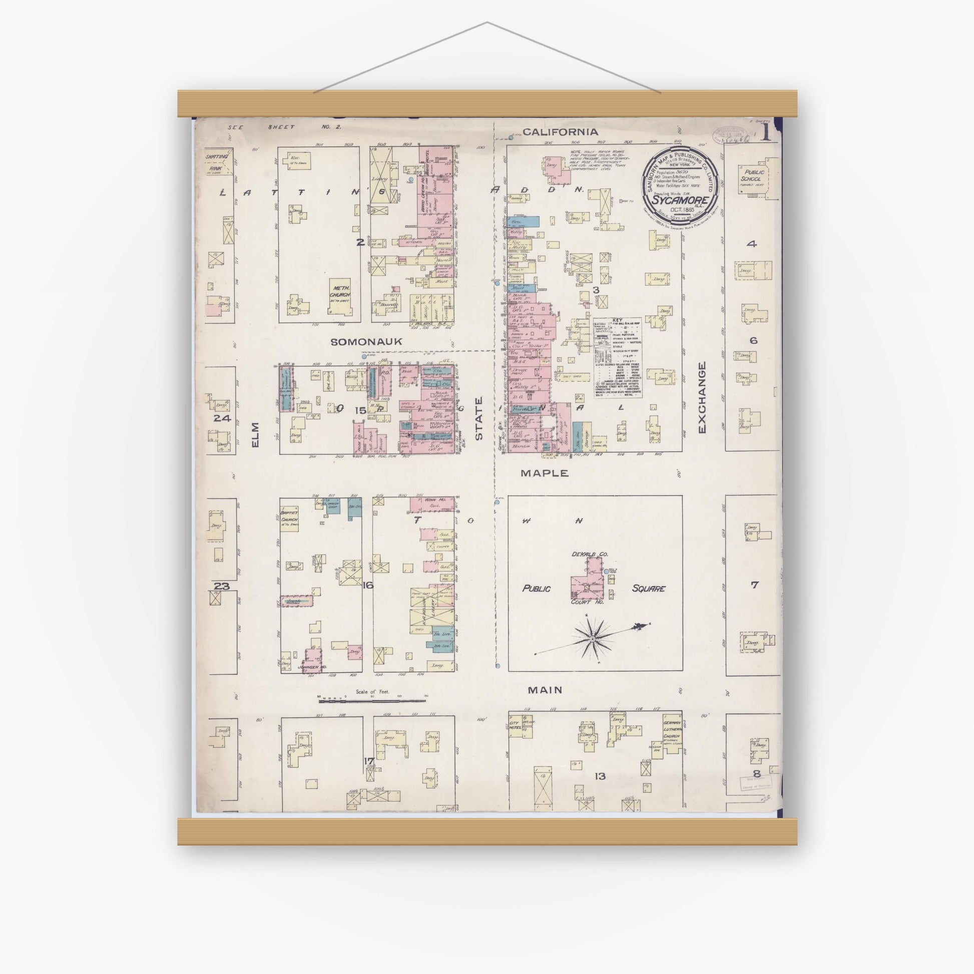 Old map wall art mockup — magnetic wood frame on white wall — Sanborn Fire Insurance Map from Sycamore, De Kalb County, Illinois (1885), Sheet #0001