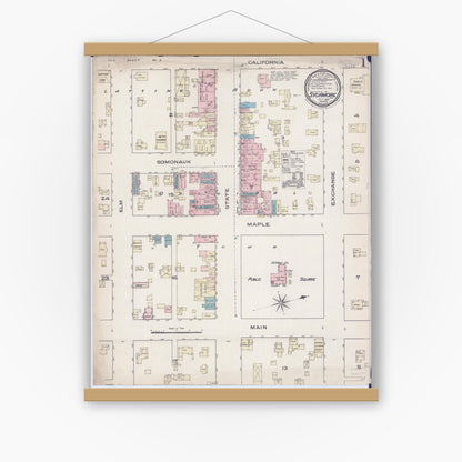 Old map wall art mockup — magnetic wood frame on white wall — Sanborn Fire Insurance Map from Sycamore, De Kalb County, Illinois (1885), Sheet #0001