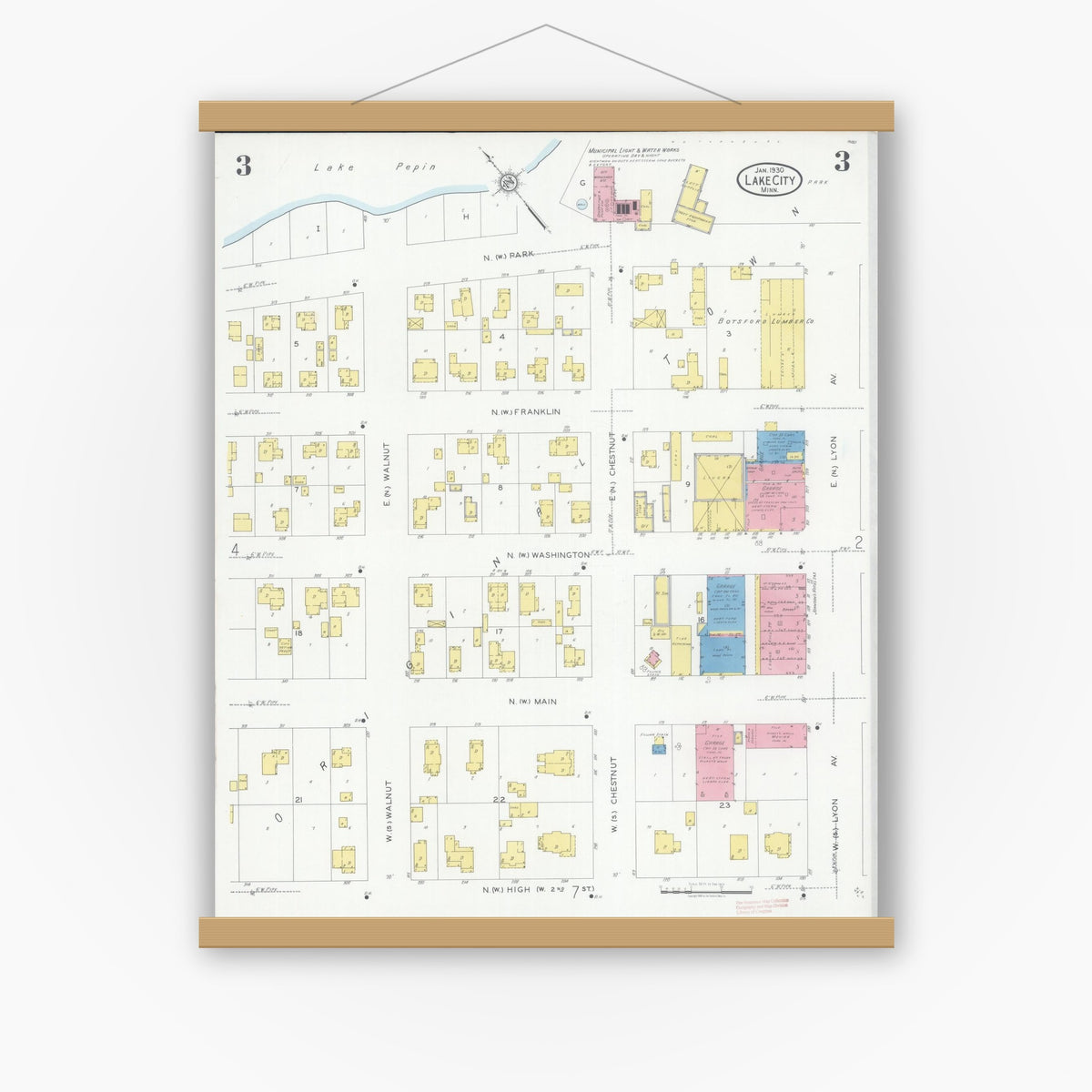 Old map wall art mockup — magnetic wood frame on white wall — Sanborn Fire Insurance Map from Lake City, Wabasha County, Minnesota (1930), Sheet #0003