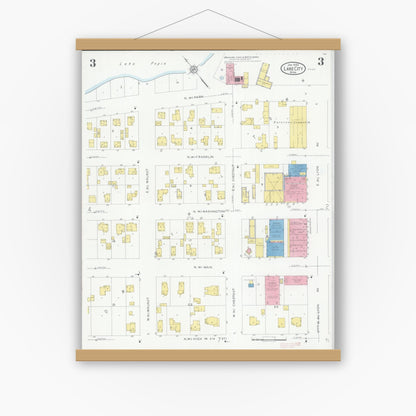 Old map wall art mockup — magnetic wood frame on white wall — Sanborn Fire Insurance Map from Lake City, Wabasha County, Minnesota (1930), Sheet #0003