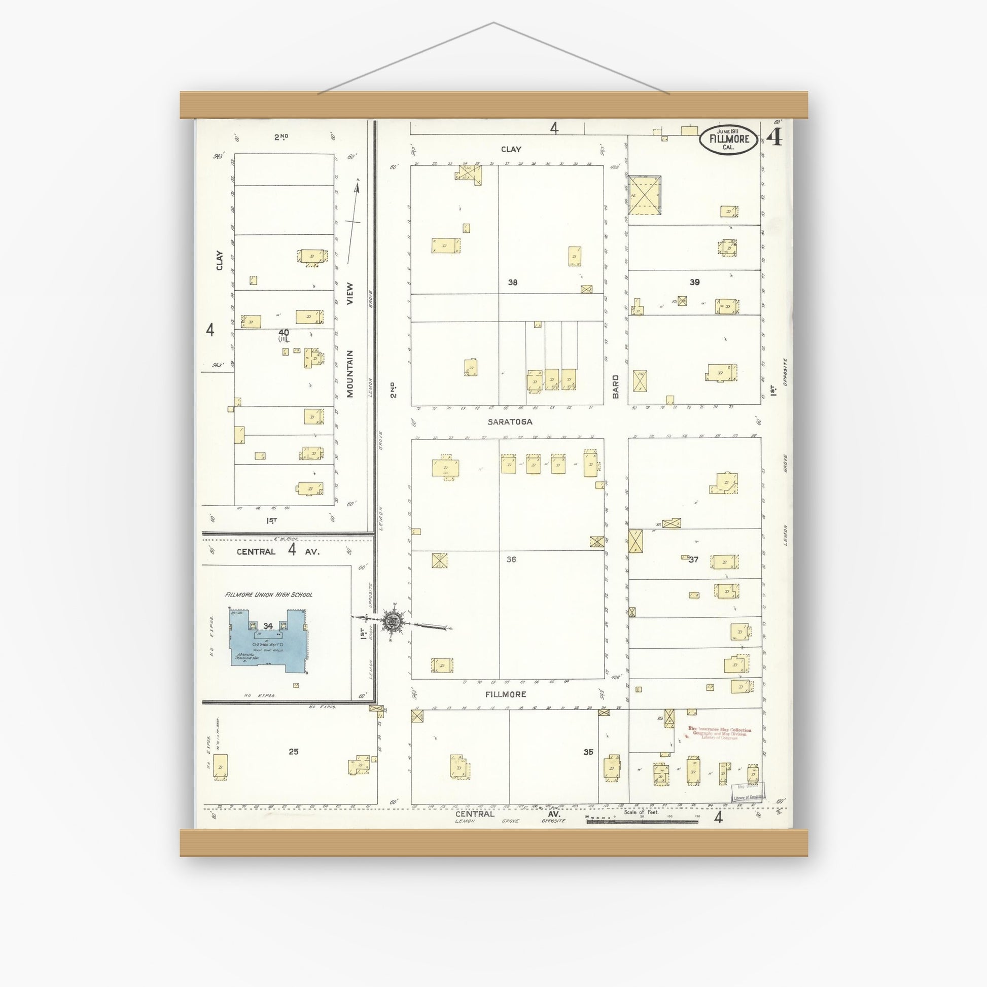 Old map wall art mockup — magnetic wood frame on white wall — Sanborn Fire Insurance Map from Fillmore, Ventura County, California (1911), Sheet #0004