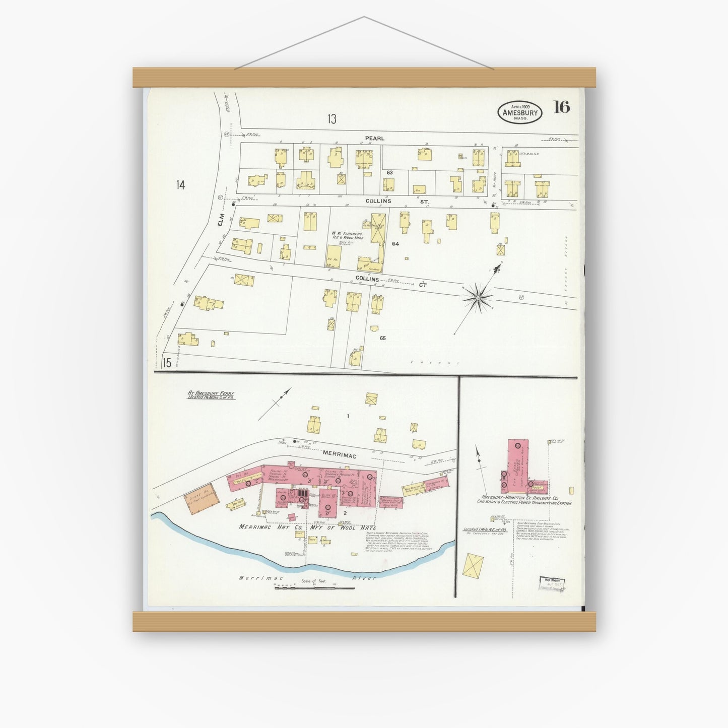 Old map wall art mockup — magnetic wood frame on white wall — Sanborn Fire Insurance Map from Amesbury, Essex County, Massachusetts (1909), Sheet #0016