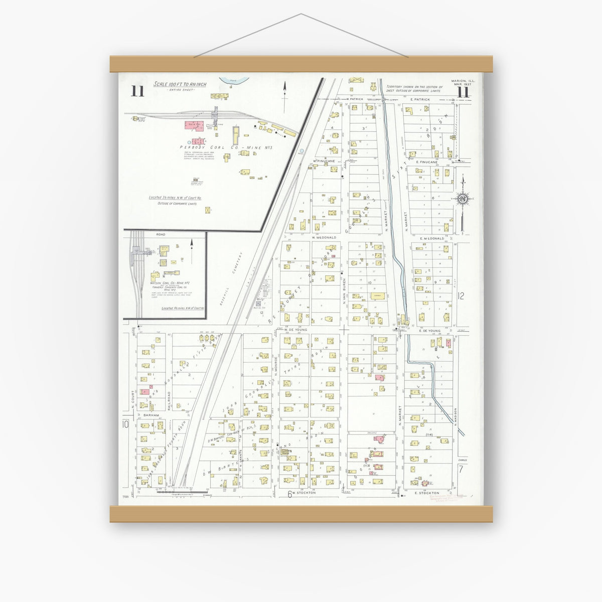 Old map wall art mockup — magnetic wood frame on white wall — Sanborn Fire Insurance Map from Marion, Williamson County, Illinois (1937), Sheet #0011