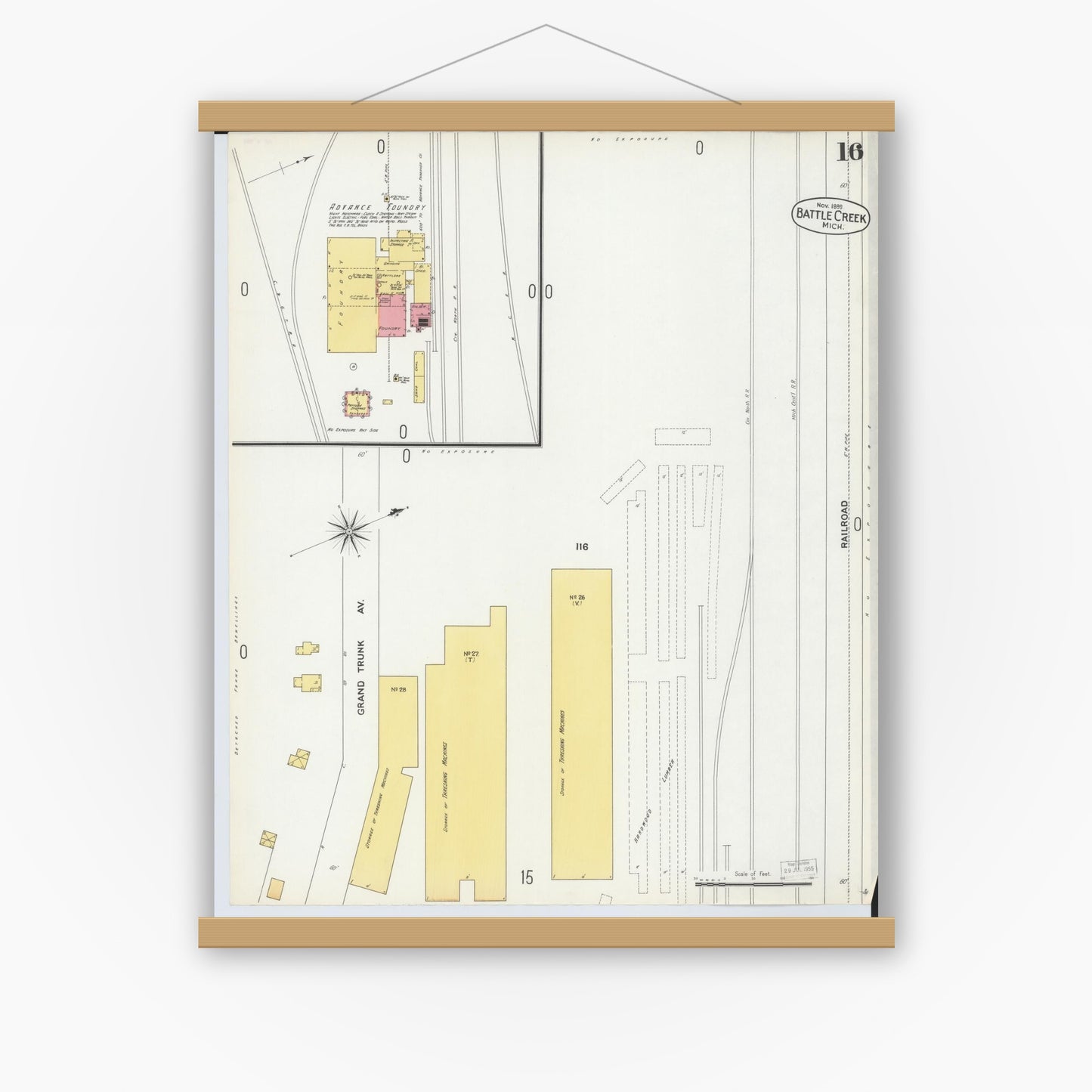 Old map wall art mockup — magnetic wood frame on white wall — Sanborn Fire Insurance Map from Battle Creek, Calhoun County, Michigan (1899), Sheet #0016