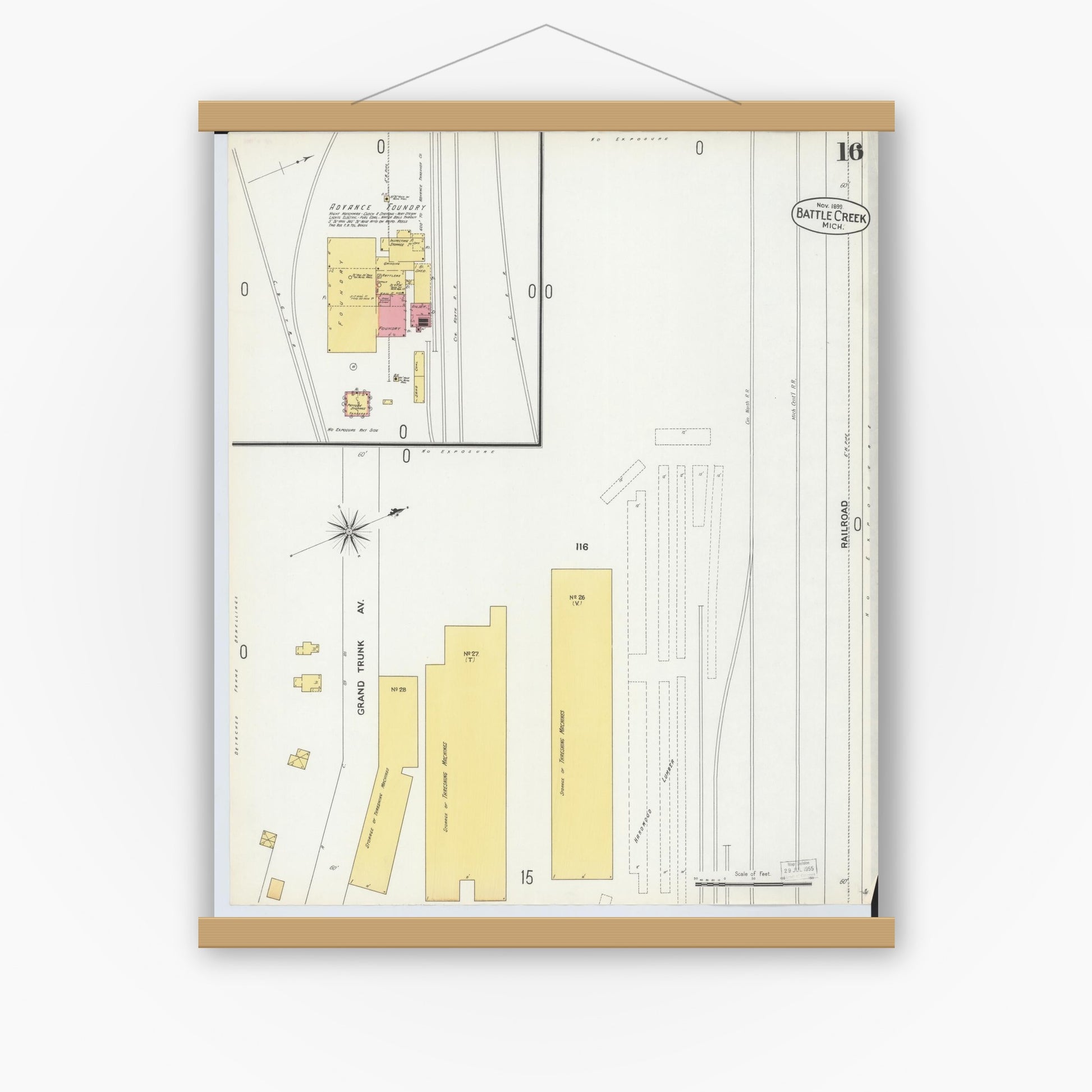 Old map wall art mockup — magnetic wood frame on white wall — Sanborn Fire Insurance Map from Battle Creek, Calhoun County, Michigan (1899), Sheet #0016