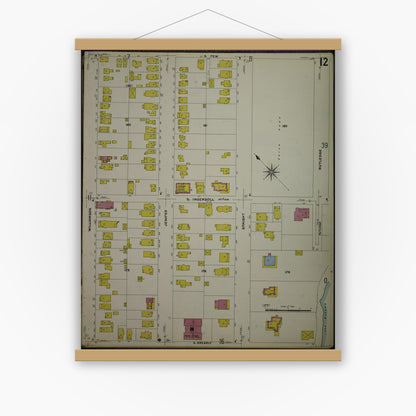 Old map wall art mockup — magnetic wood frame on white wall — Sanborn Fire Insurance Map from Madison, Dane County, Wisconsin (1908), Sheet #0012
