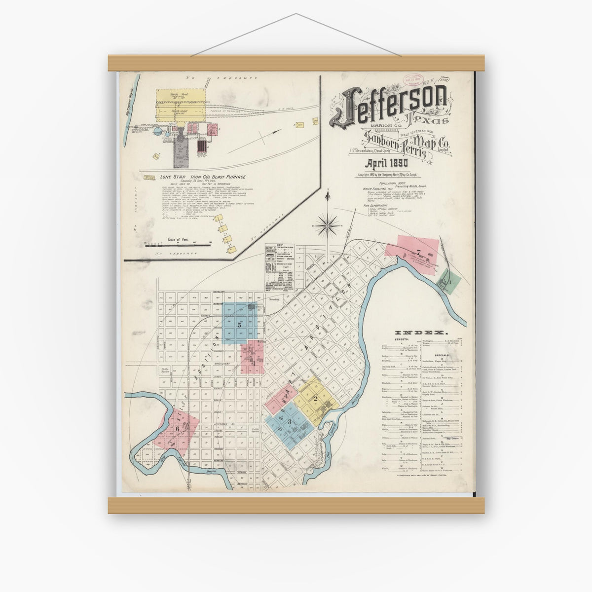 Old map wall art mockup — magnetic wood frame on white wall — Sanborn Fire Insurance Map from Jefferson, Marion County, Texas (1890) - Complete Map Set