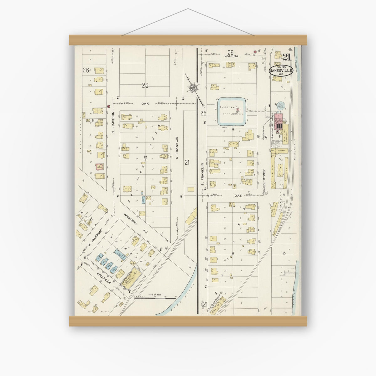 Old map wall art mockup — magnetic wood frame on white wall — Sanborn Fire Insurance Map from Janesville, Rock County, Wisconsin (1915), Sheet #0021