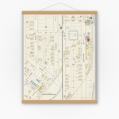 Old map wall art mockup — magnetic wood frame on white wall — Sanborn Fire Insurance Map from Janesville, Rock County, Wisconsin (1915), Sheet #0021