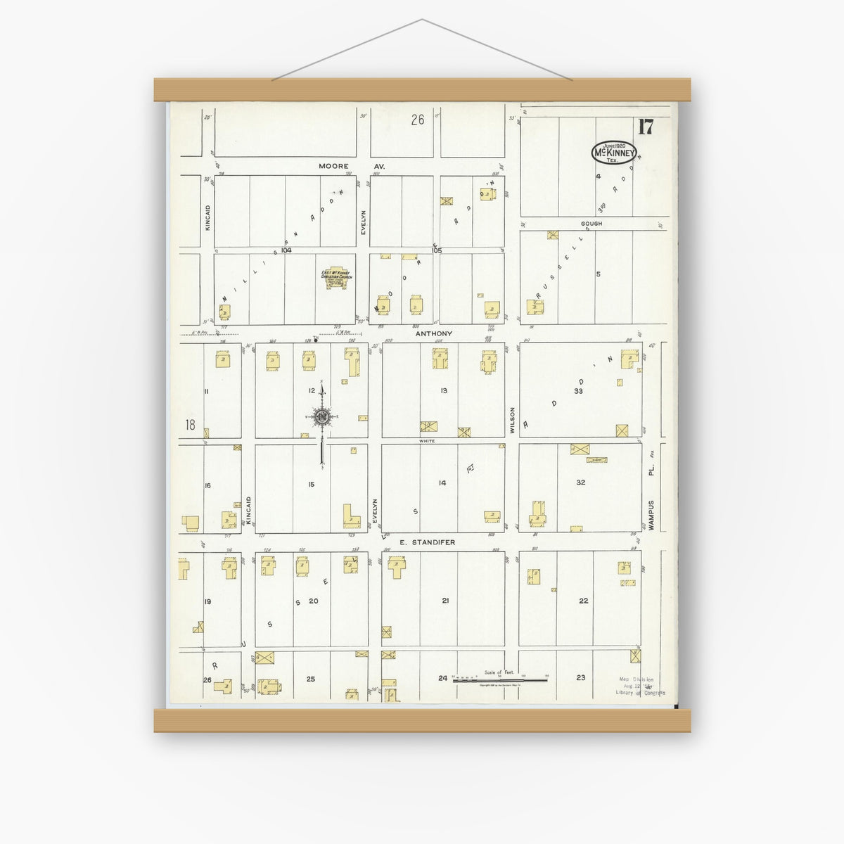 Old map wall art mockup — magnetic wood frame on white wall — Sanborn Fire Insurance Map from McKinney, Collin County, Texas (1920), Sheet #0017