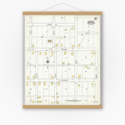 Old map wall art mockup — magnetic wood frame on white wall — Sanborn Fire Insurance Map from McKinney, Collin County, Texas (1920), Sheet #0017