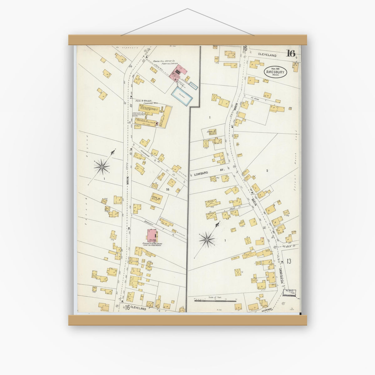 Old map wall art mockup — magnetic wood frame on white wall — Sanborn Fire Insurance Map from Amesbury, Essex County, Massachusetts (1904), Sheet #0016