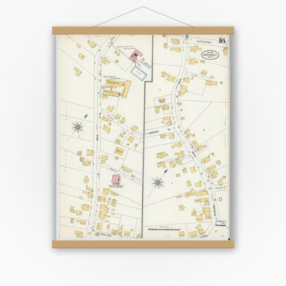 Old map wall art mockup — magnetic wood frame on white wall — Sanborn Fire Insurance Map from Amesbury, Essex County, Massachusetts (1904), Sheet #0016