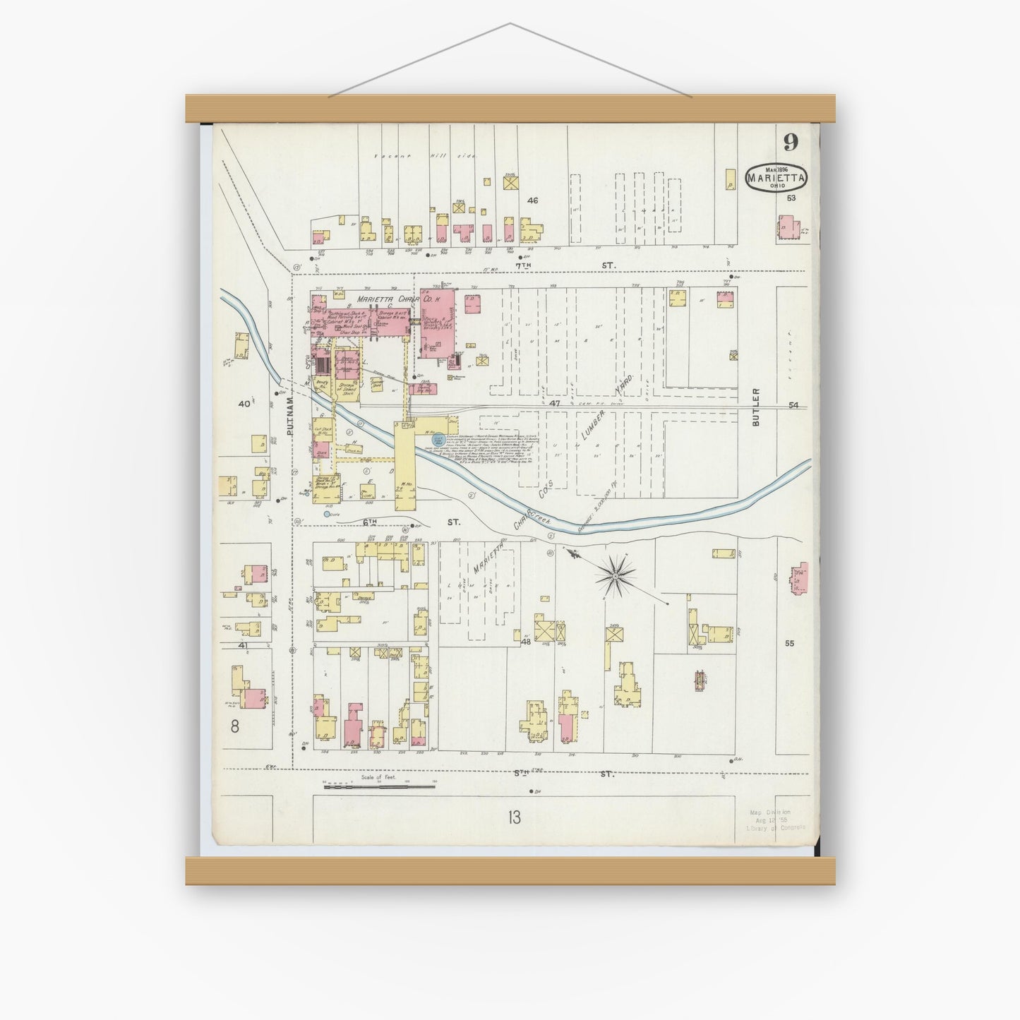 Old map wall art mockup — magnetic wood frame on white wall — Sanborn Fire Insurance Map from Marietta, Washington County, Ohio (1896), Sheet #0009