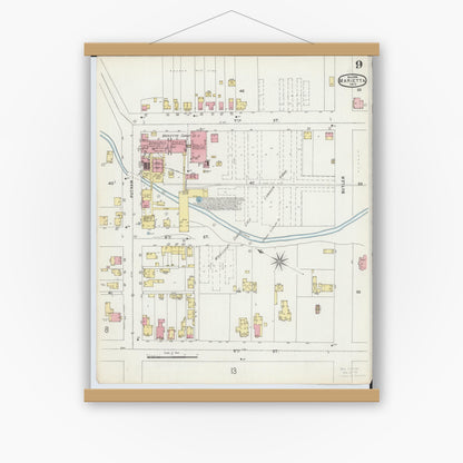 Old map wall art mockup — magnetic wood frame on white wall — Sanborn Fire Insurance Map from Marietta, Washington County, Ohio (1896), Sheet #0009