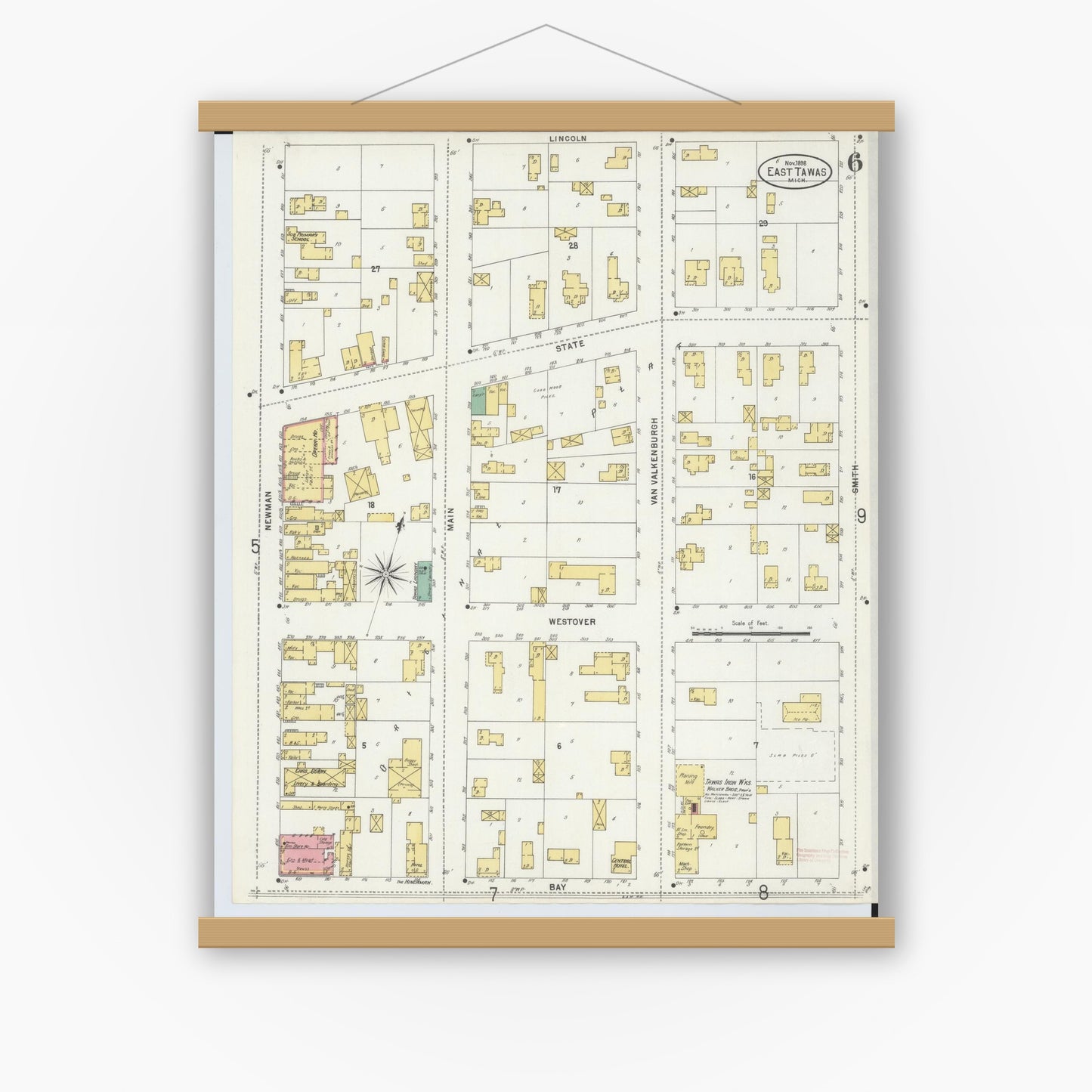 Old map wall art mockup — magnetic wood frame on white wall — Sanborn Fire Insurance Map from East Tawas, Iosco County, Michigan (1898), Sheet #0006