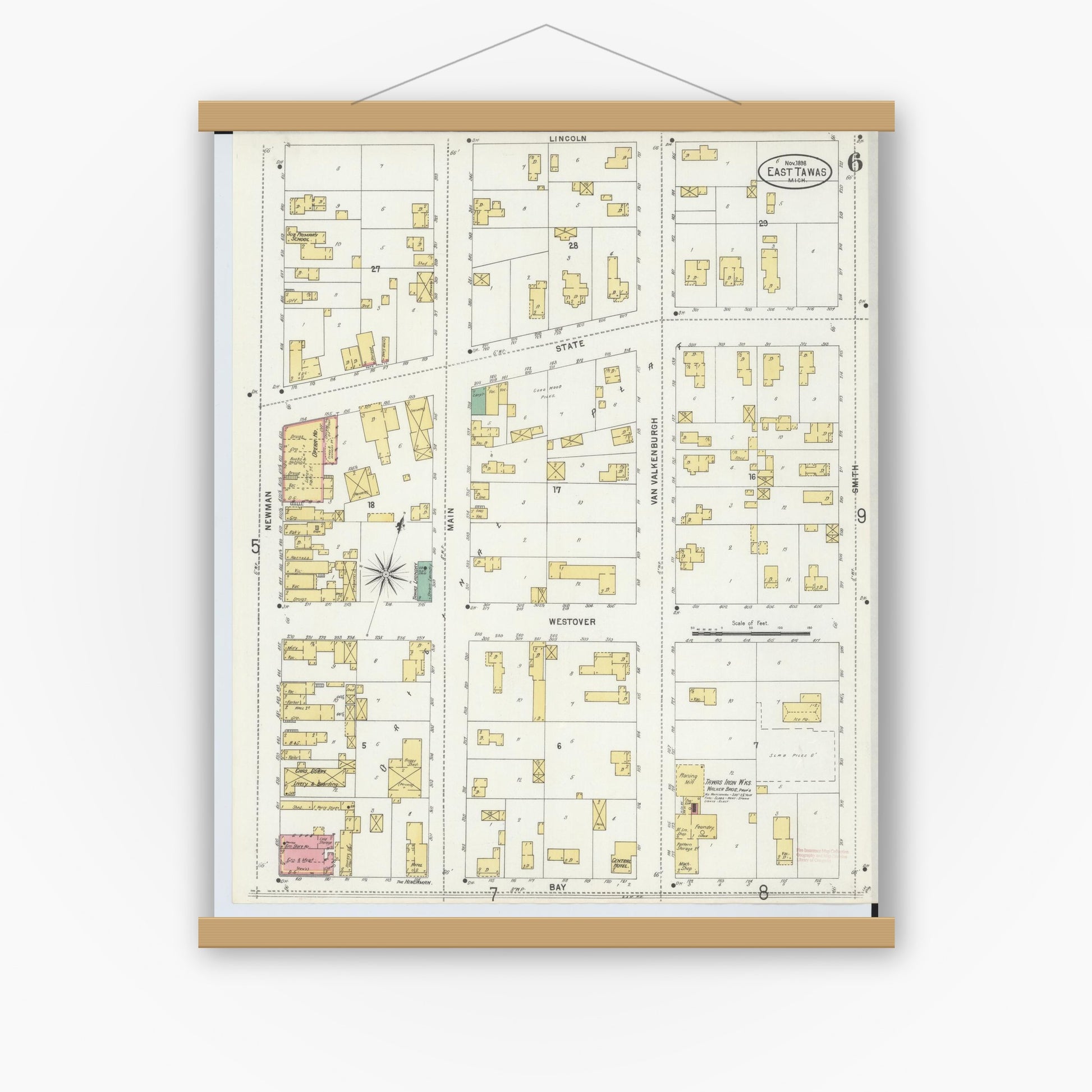 Old map wall art mockup — magnetic wood frame on white wall — Sanborn Fire Insurance Map from East Tawas, Iosco County, Michigan (1898), Sheet #0006